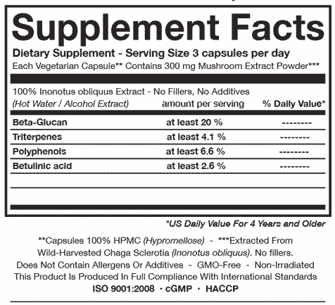oriveda chaga supplement facts label